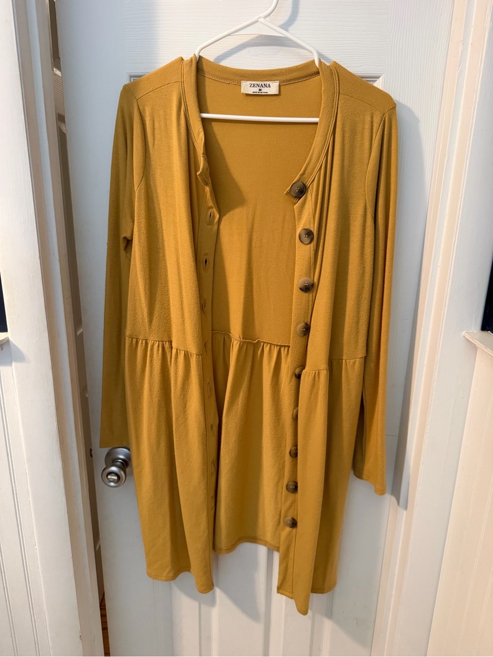 Zenana Outfitters Mustard Tunic Cardigan with Wood-Effect Buttons